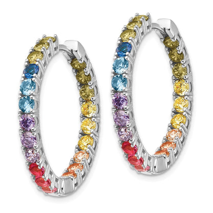 Sterling Silver Prizma Rhodium-Plated In And Out Colorful Cz Hinged Hoop Earrings
