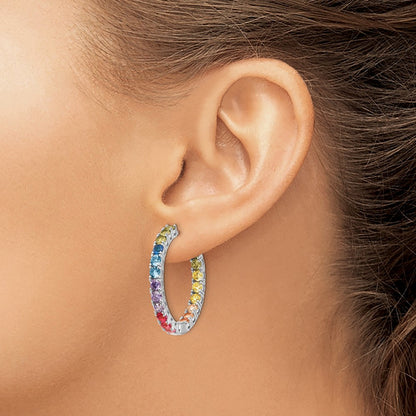 Sterling Silver Prizma Rhodium-Plated In And Out Colorful Cz Hinged Hoop Earrings