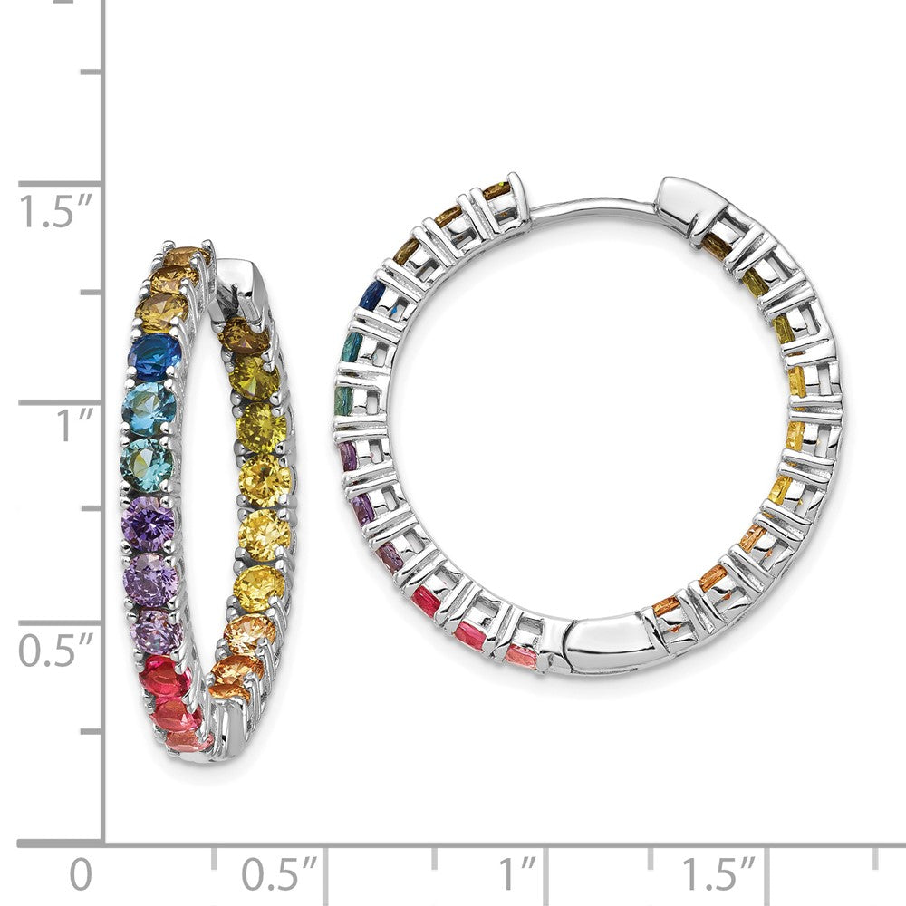 Sterling Silver Prizma Rhodium-Plated In And Out Colorful Cz Hinged Hoop Earrings