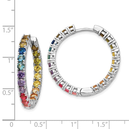 Sterling Silver Prizma Rhodium-Plated In And Out Colorful Cz Hinged Hoop Earrings