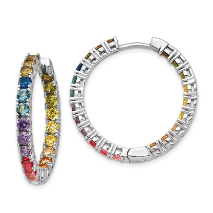 Sterling Silver Prizma Rhodium-Plated In And Out Colorful Cz Hinged Hoop Earrings