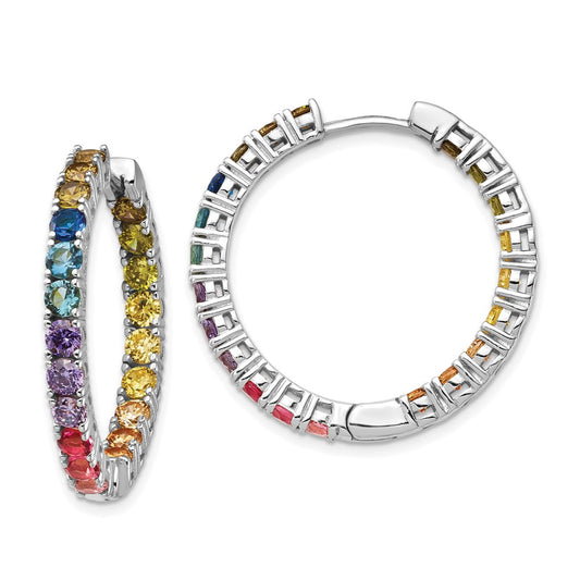 Sterling Silver Prizma Rhodium-Plated In And Out Colorful Cz Hinged Hoop Earrings