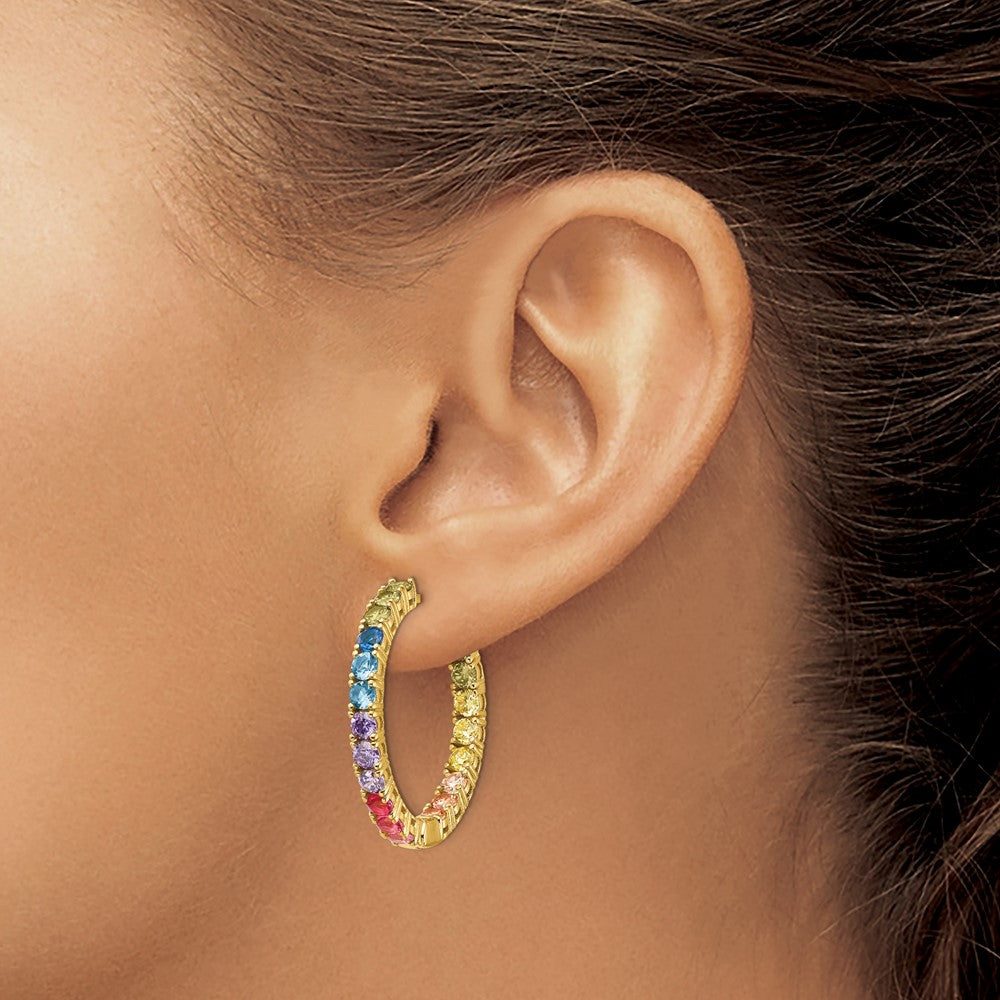 Sterling Silver Prizma Gold-Tone 14K Flash Gold-Plated In And Out Colorful Cz Hinged Hoop Earrings