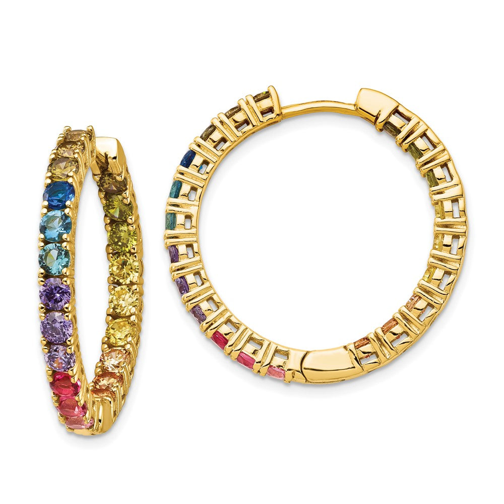 Sterling Silver Prizma Gold-Tone 14K Flash Gold-Plated In And Out Colorful Cz Hinged Hoop Earrings