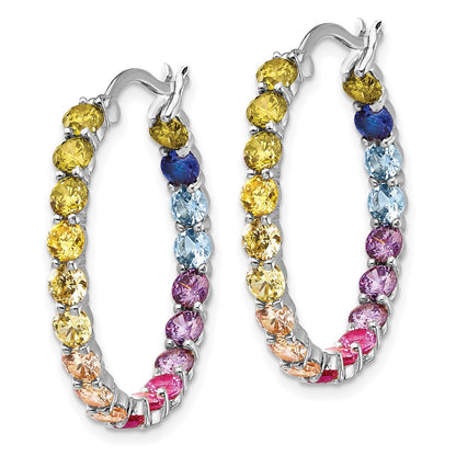 Sterling Silver Prizma Rhodium-Plated In And Out 3mm Colorful Cz Hoop Earrings