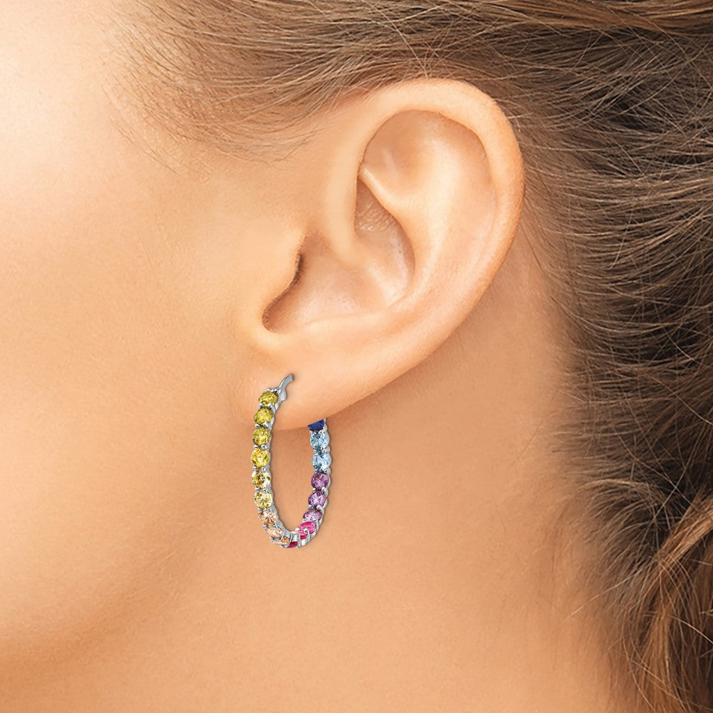 Sterling Silver Prizma Rhodium-Plated In And Out 3mm Colorful Cz Hoop Earrings