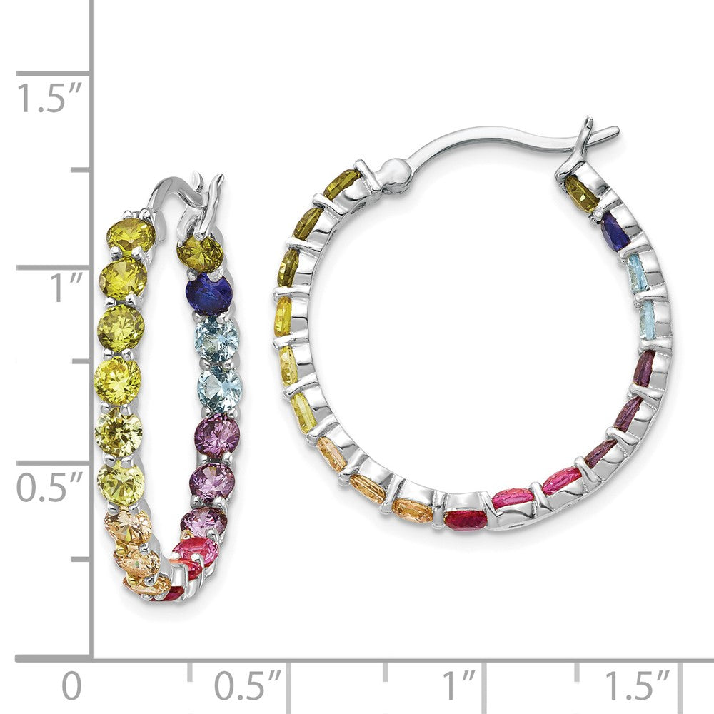 Sterling Silver Prizma Rhodium-Plated In And Out 3mm Colorful Cz Hoop Earrings