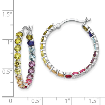 Sterling Silver Prizma Rhodium-Plated In And Out 3mm Colorful Cz Hoop Earrings