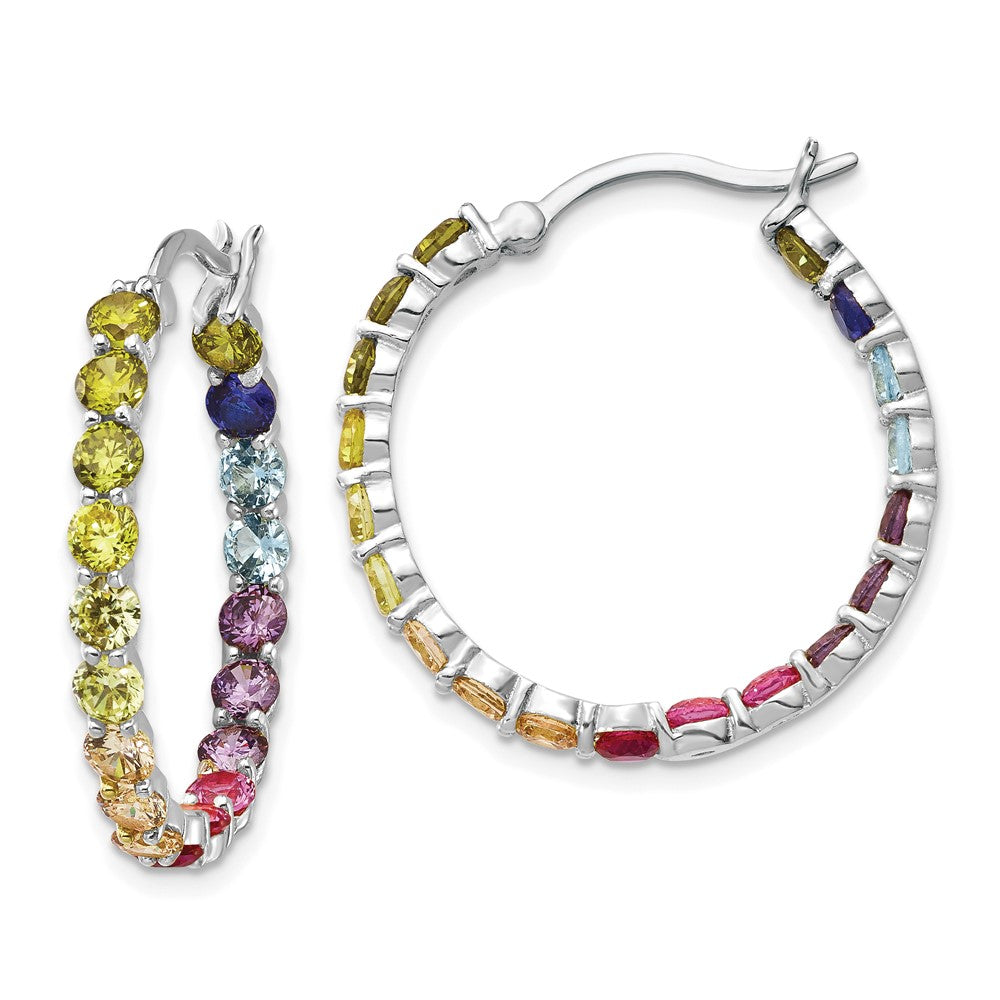 Sterling Silver Prizma Rhodium-Plated In And Out 3mm Colorful Cz Hoop Earrings