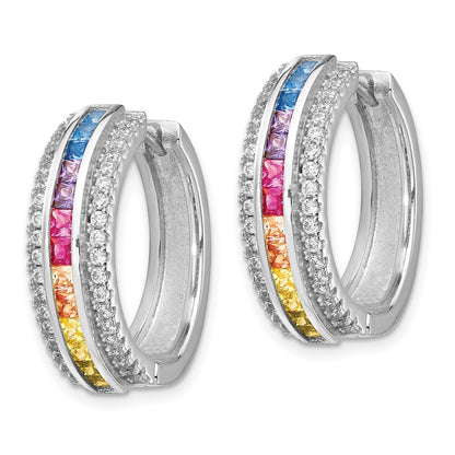 Sterling Silver Prizma Rhodium-Plated Channel Set Colorful And White Cz Hinged Hoop Earrings