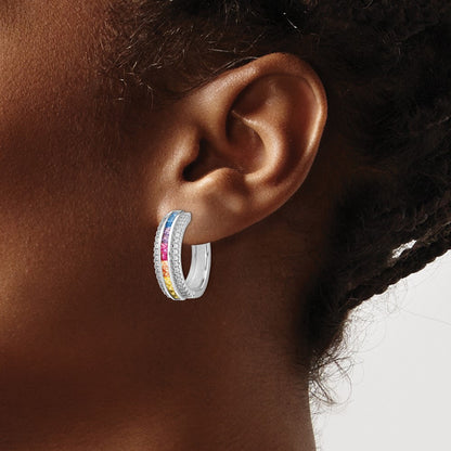 Sterling Silver Prizma Rhodium-Plated Channel Set Colorful And White Cz Hinged Hoop Earrings