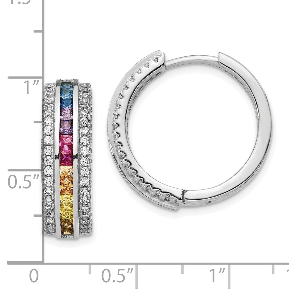 Sterling Silver Prizma Rhodium-Plated Channel Set Colorful And White Cz Hinged Hoop Earrings