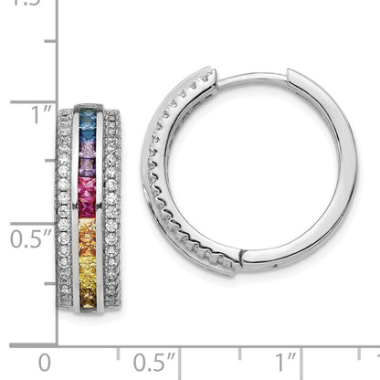 Sterling Silver Prizma Rhodium-Plated Channel Set Colorful And White Cz Hinged Hoop Earrings