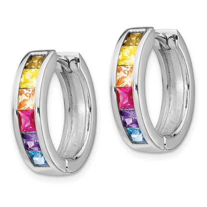 Sterling Silver Prizma Rhodium-Plated Channel Set Colorful Cz Small Hinged Hoop Earrings