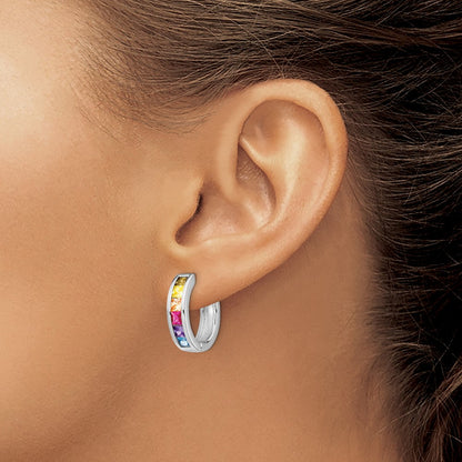 Sterling Silver Prizma Rhodium-Plated Channel Set Colorful Cz Small Hinged Hoop Earrings