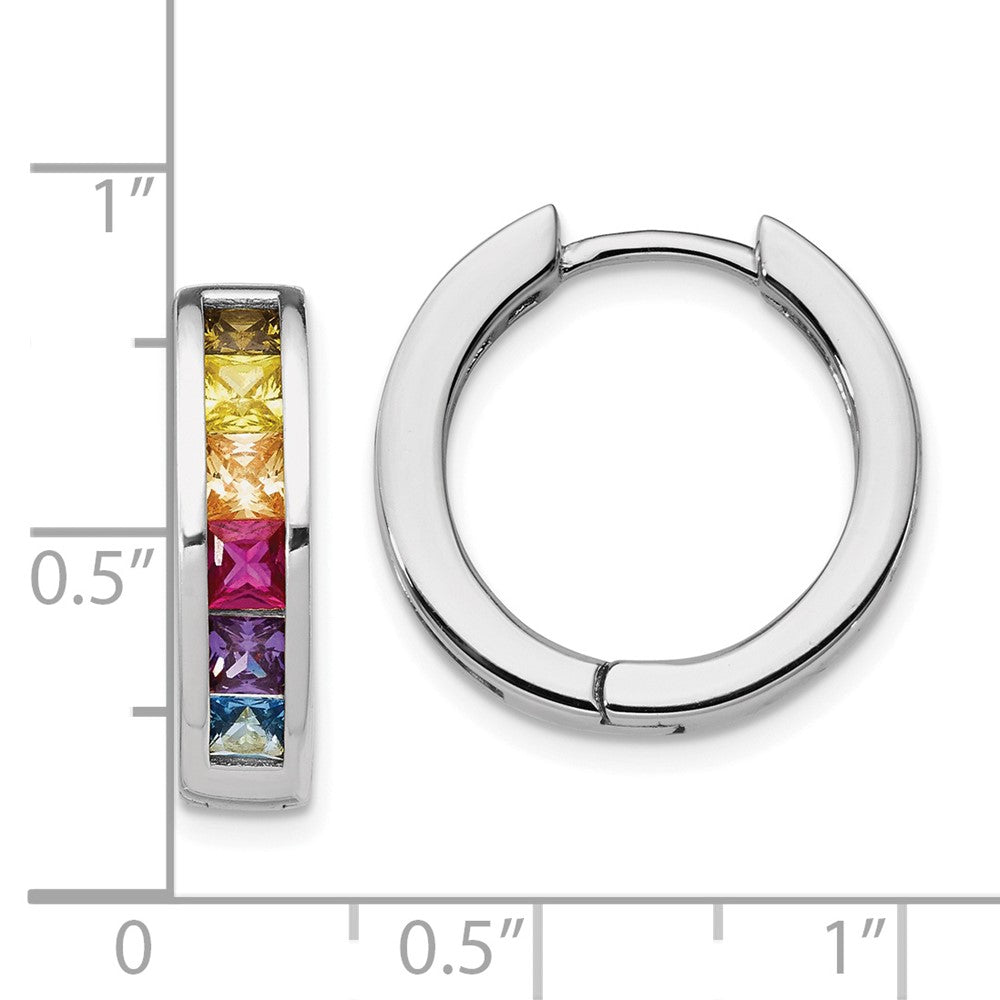 Sterling Silver Prizma Rhodium-Plated Channel Set Colorful Cz Small Hinged Hoop Earrings