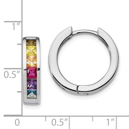 Sterling Silver Prizma Rhodium-Plated Channel Set Colorful Cz Small Hinged Hoop Earrings