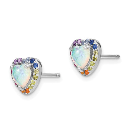 Sterling Silver Prizma Rhodium-Plated Lab Created Opal And Colorful Cz Heart Post Earrings