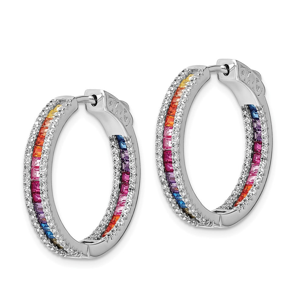 Sterling Silver Prizma Rhodium-Plated White And Colorful Cz In Out Hinged Hoop Earrings