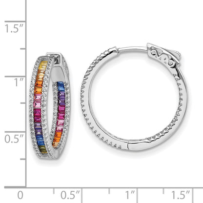 Sterling Silver Prizma Rhodium-Plated White And Colorful Cz In Out Hinged Hoop Earrings