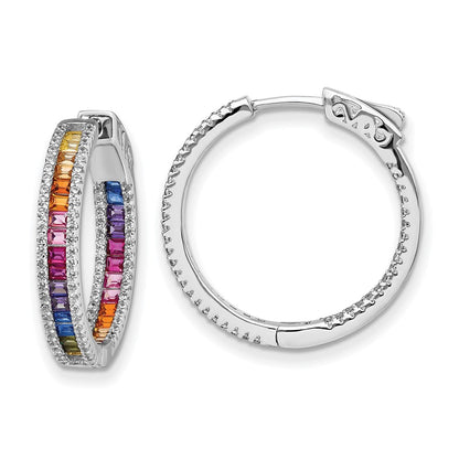 Sterling Silver Prizma Rhodium-Plated White And Colorful Cz In Out Hinged Hoop Earrings