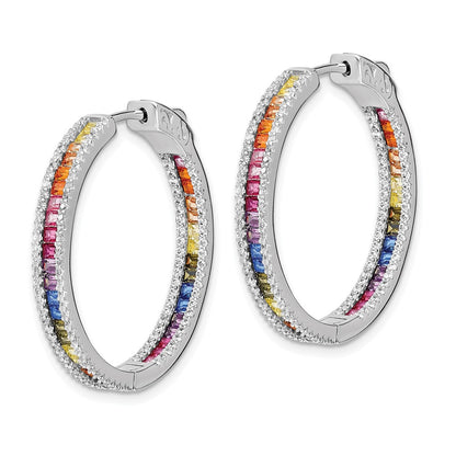 Sterling Silver Prizma Rhodium-Plated White And Colorful Cz In Out Hinged Hoop Earrings