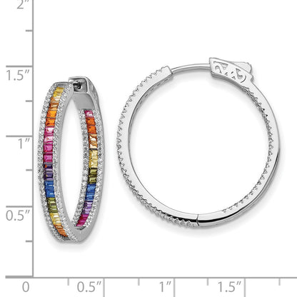 Sterling Silver Prizma Rhodium-Plated White And Colorful Cz In Out Hinged Hoop Earrings