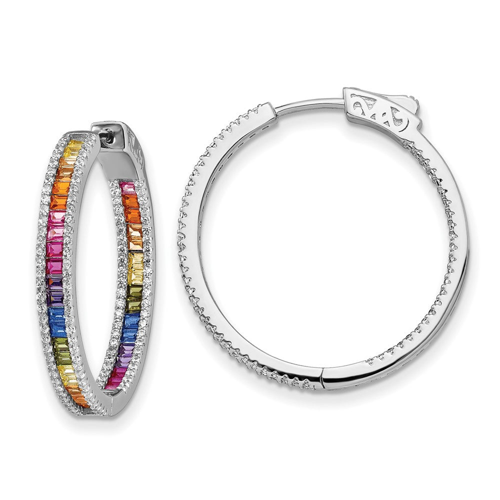 Sterling Silver Prizma Rhodium-Plated White And Colorful Cz In Out Hinged Hoop Earrings