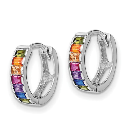 Sterling Silver Prizma Rhodium-Plated Channel-Set White And Colorful Baguette Cz Hinged Hoop Earrings