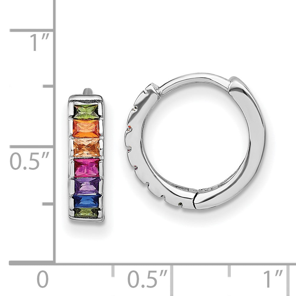 Sterling Silver Prizma Rhodium-Plated Channel-Set White And Colorful Baguette Cz Hinged Hoop Earrings