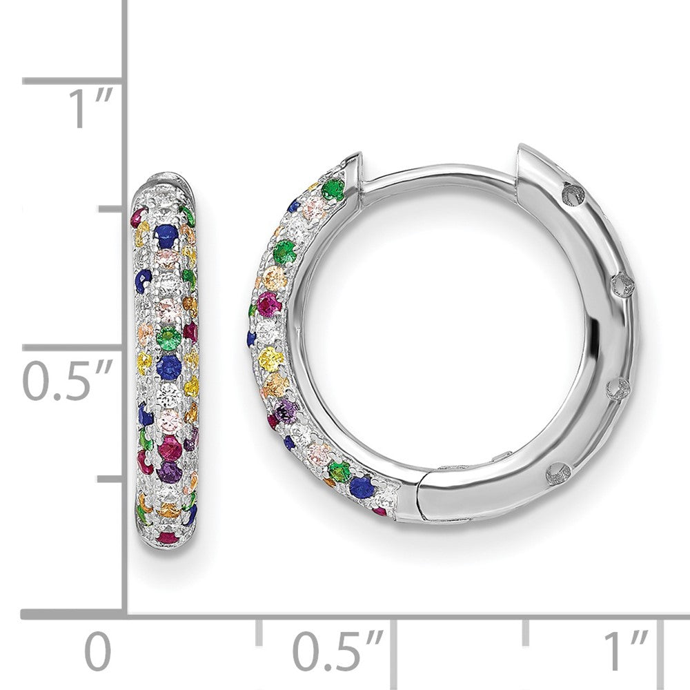 Sterling Silver Prizma Rhodium-Plated White And Colorful Cz Small Hinged Hoop Earrings