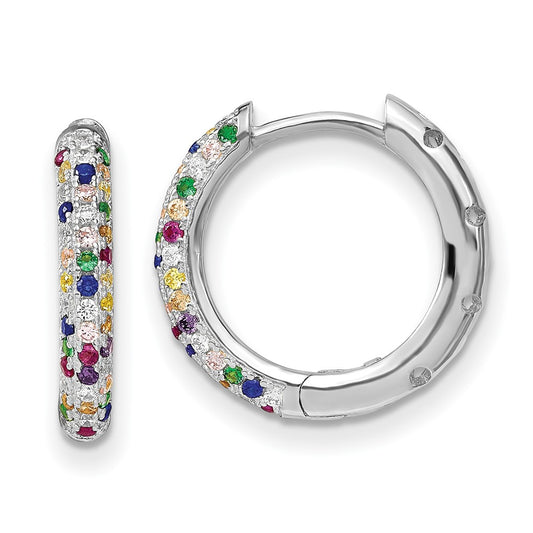 Sterling Silver Prizma Rhodium-Plated White And Colorful Cz Small Hinged Hoop Earrings