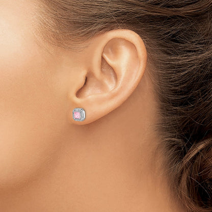 Sterling Silver Rhodium Plated Square Pink Cz And Clear Post Earrings