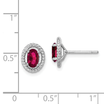 Sterling Silver Rhod-Plat Created Ruby Oval Post Earrings