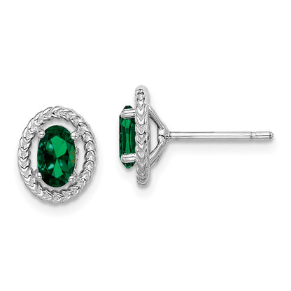 Sterling Silver Rhod-Plat Created Emerald Oval Post Earrings