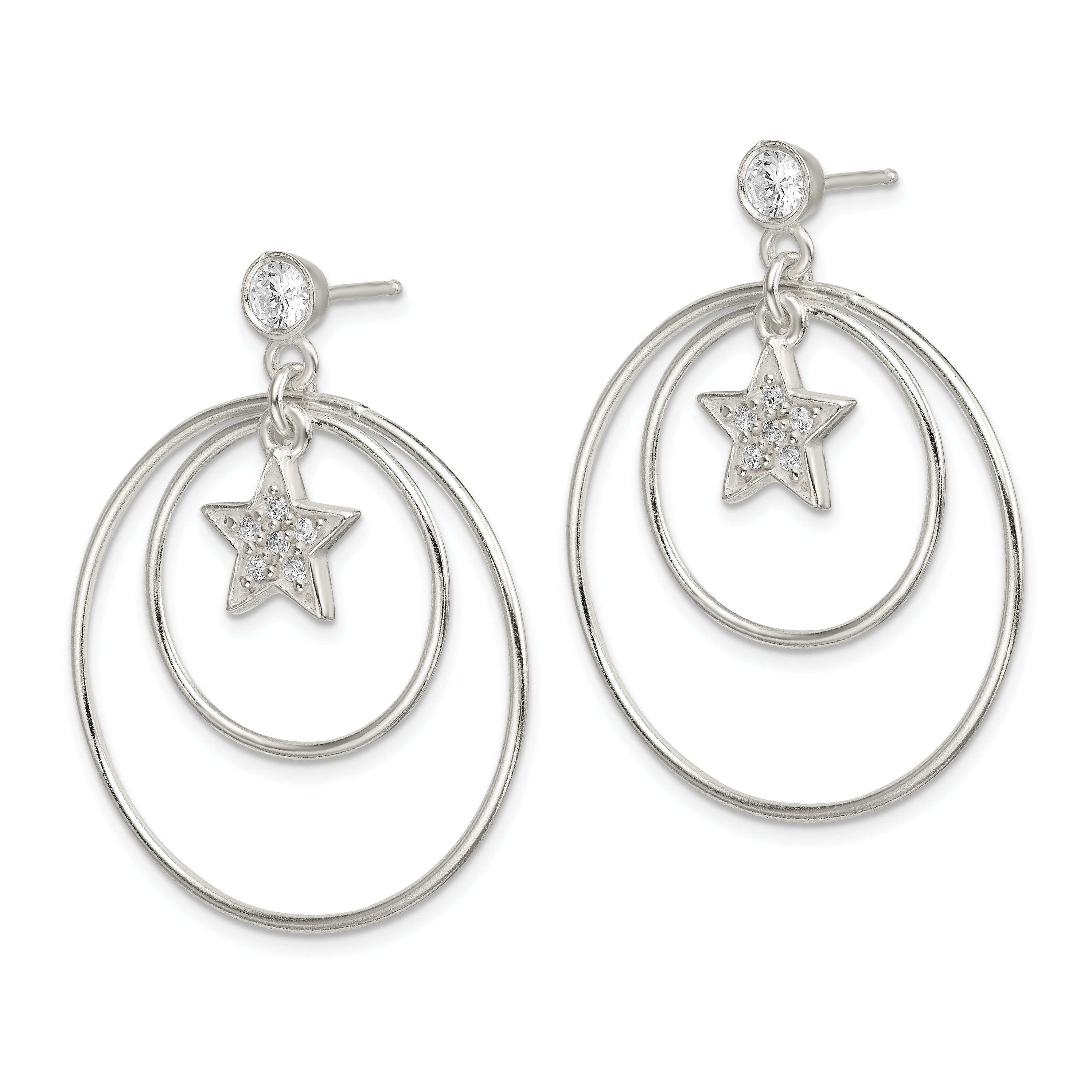 Sterling Silver Polished Cz Star Orbiting Circles Drop Post Earrings