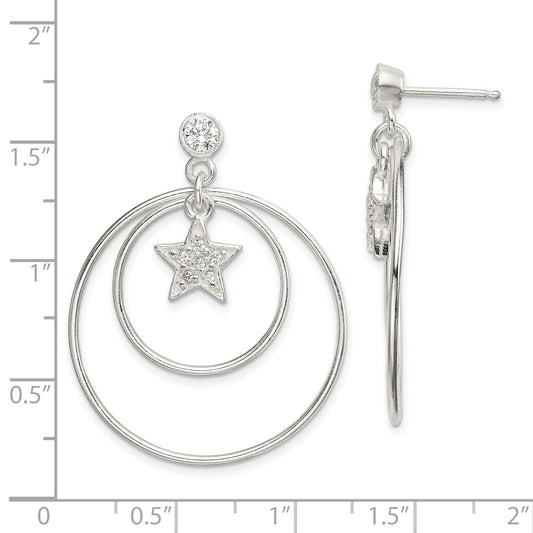 Sterling Silver Polished Cz Star Orbiting Circles Drop Post Earrings