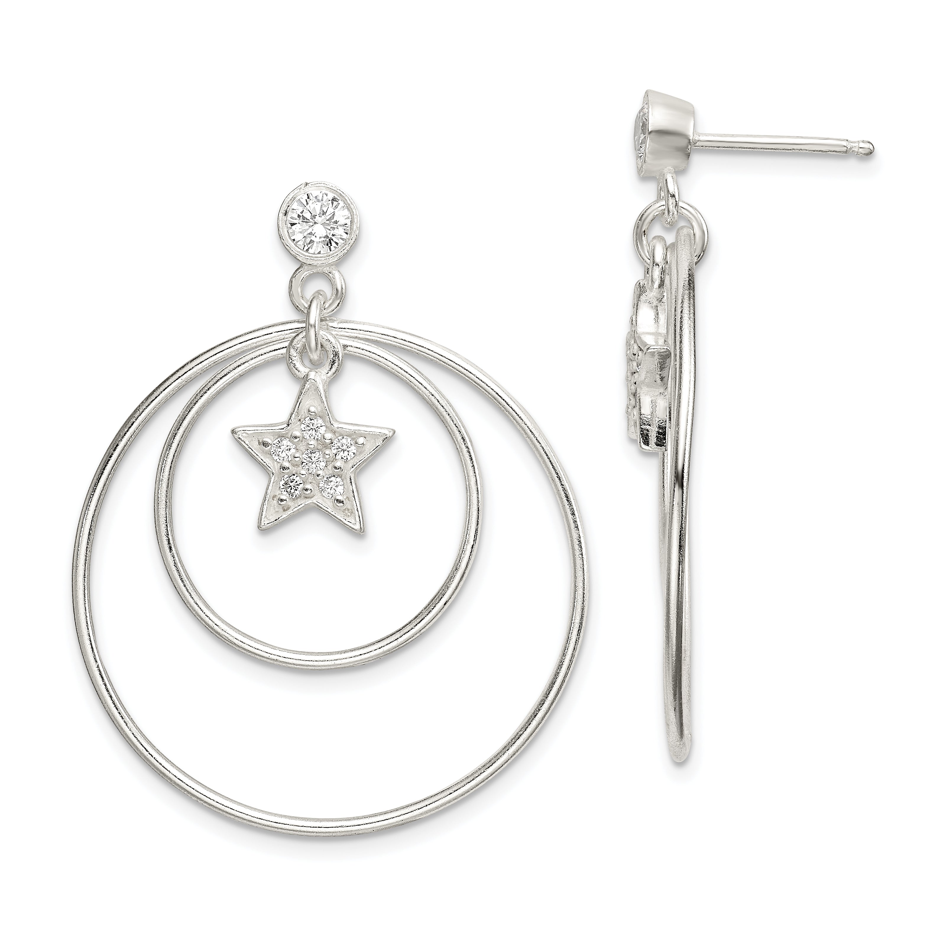Sterling Silver Polished Cz Star Orbiting Circles Drop Post Earrings