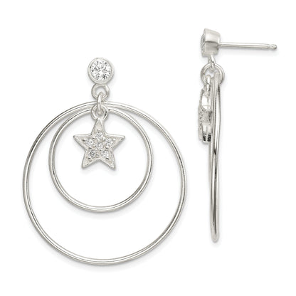 Sterling Silver Polished Cz Star Orbiting Circles Drop Post Earrings