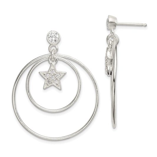 Sterling Silver Polished Cz Star Orbiting Circles Drop Post Earrings