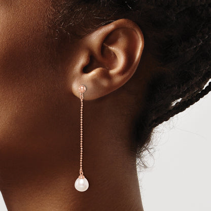 Ss/Gold Plated Sterling Silver Rose-Tone 18K Flash-Plated 7-8mm Drop Fwc Pearl Earrings