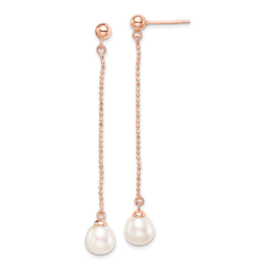 Ss/Gold Plated Sterling Silver Rose-Tone 18K Flash-Plated 7-8mm Drop Fwc Pearl Earrings