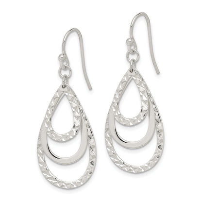 Sterling Silver Polished & Diamond-Cut Triple Teardrop Dangle Earrings