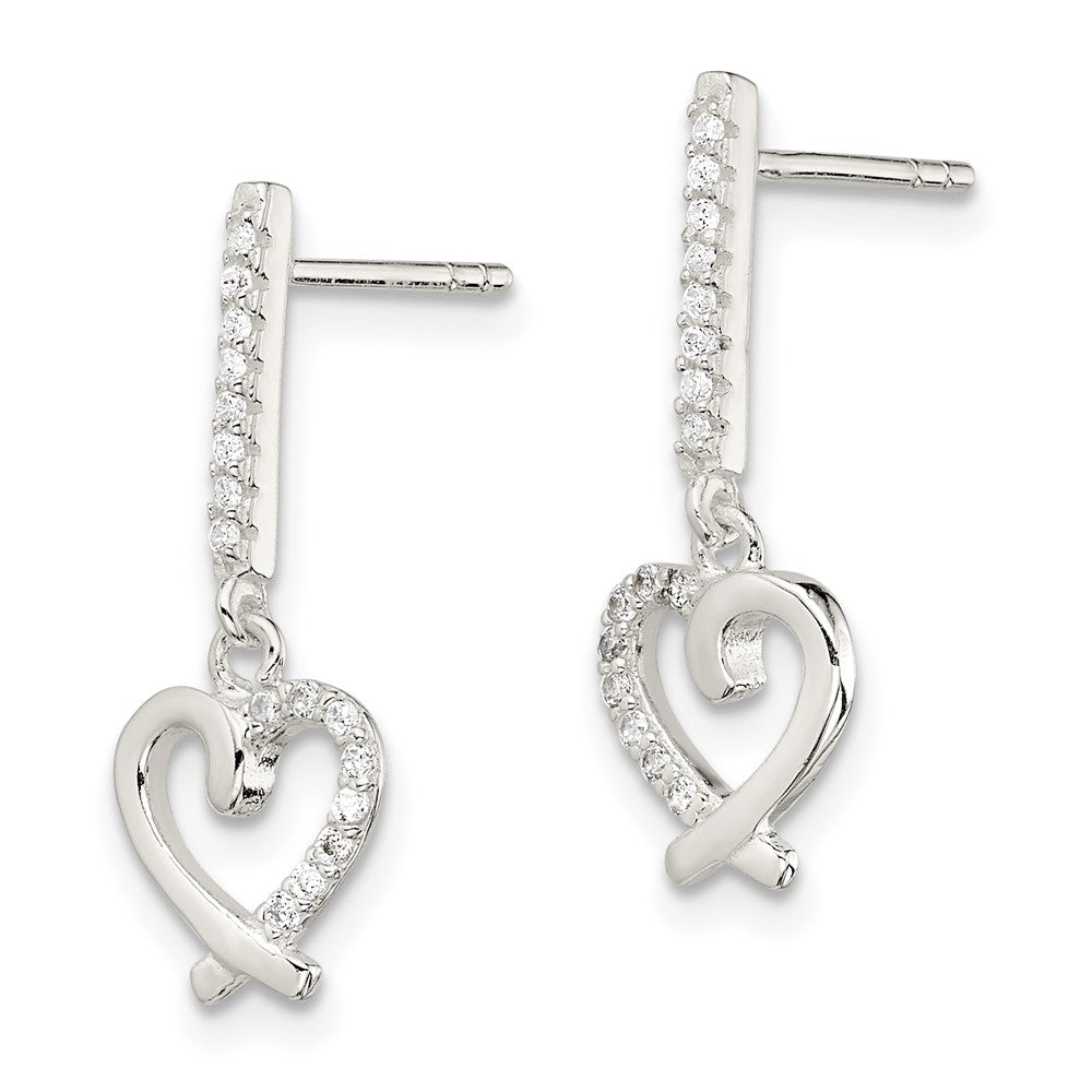 Sterling Silver Cz Dangle Heart Post Earrings