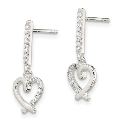 Sterling Silver Cz Dangle Heart Post Earrings