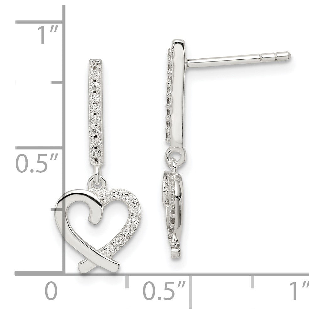 Sterling Silver Cz Dangle Heart Post Earrings