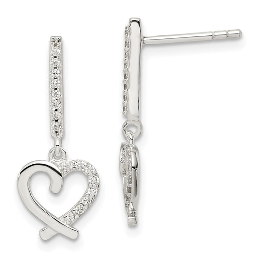 Sterling Silver Cz Dangle Heart Post Earrings