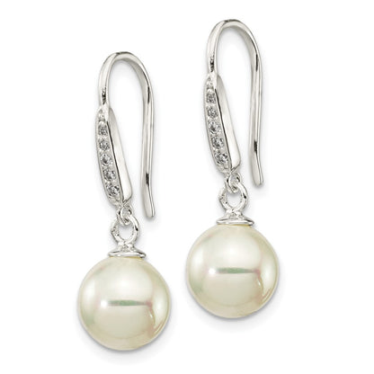 Sterling Silver Rhodium-Plated Polished White 7-8mm Shell Pearl & Cz Dangle Earrings