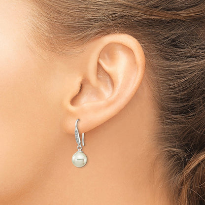 Sterling Silver Rhodium-Plated Polished White 7-8mm Shell Pearl & Cz Dangle Earrings