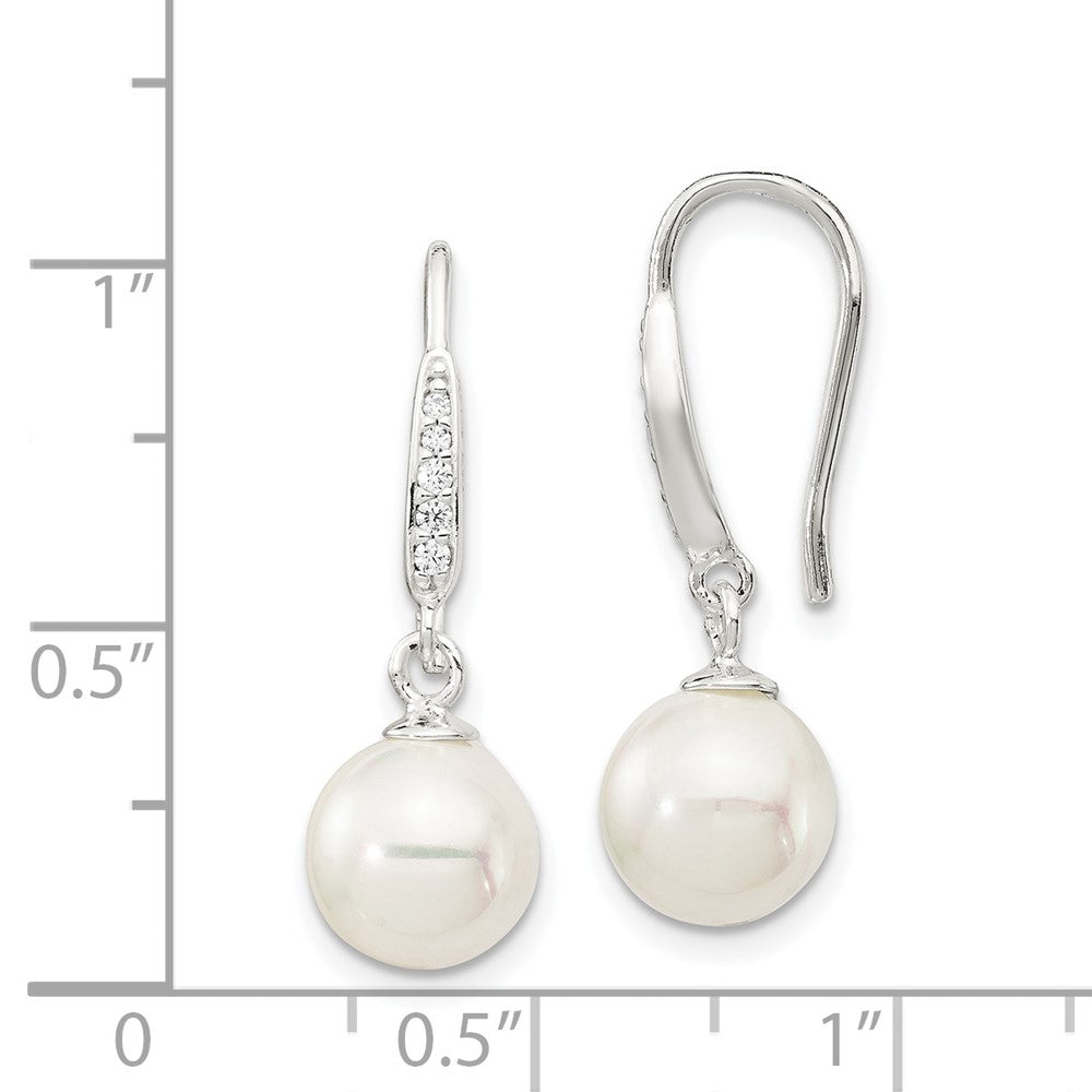 Sterling Silver Rhodium-Plated Polished White 7-8mm Shell Pearl & Cz Dangle Earrings